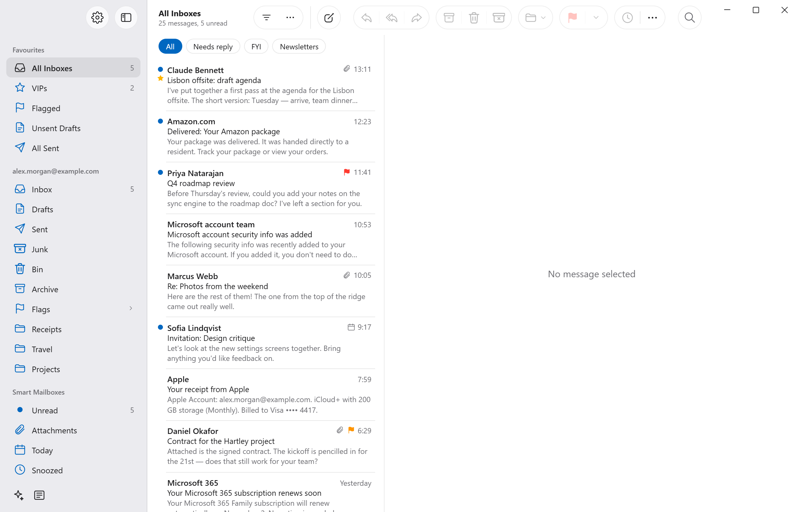 The sidebar: All Inboxes with 5 unread, VIPs, Flagged, and the account's Inbox.
