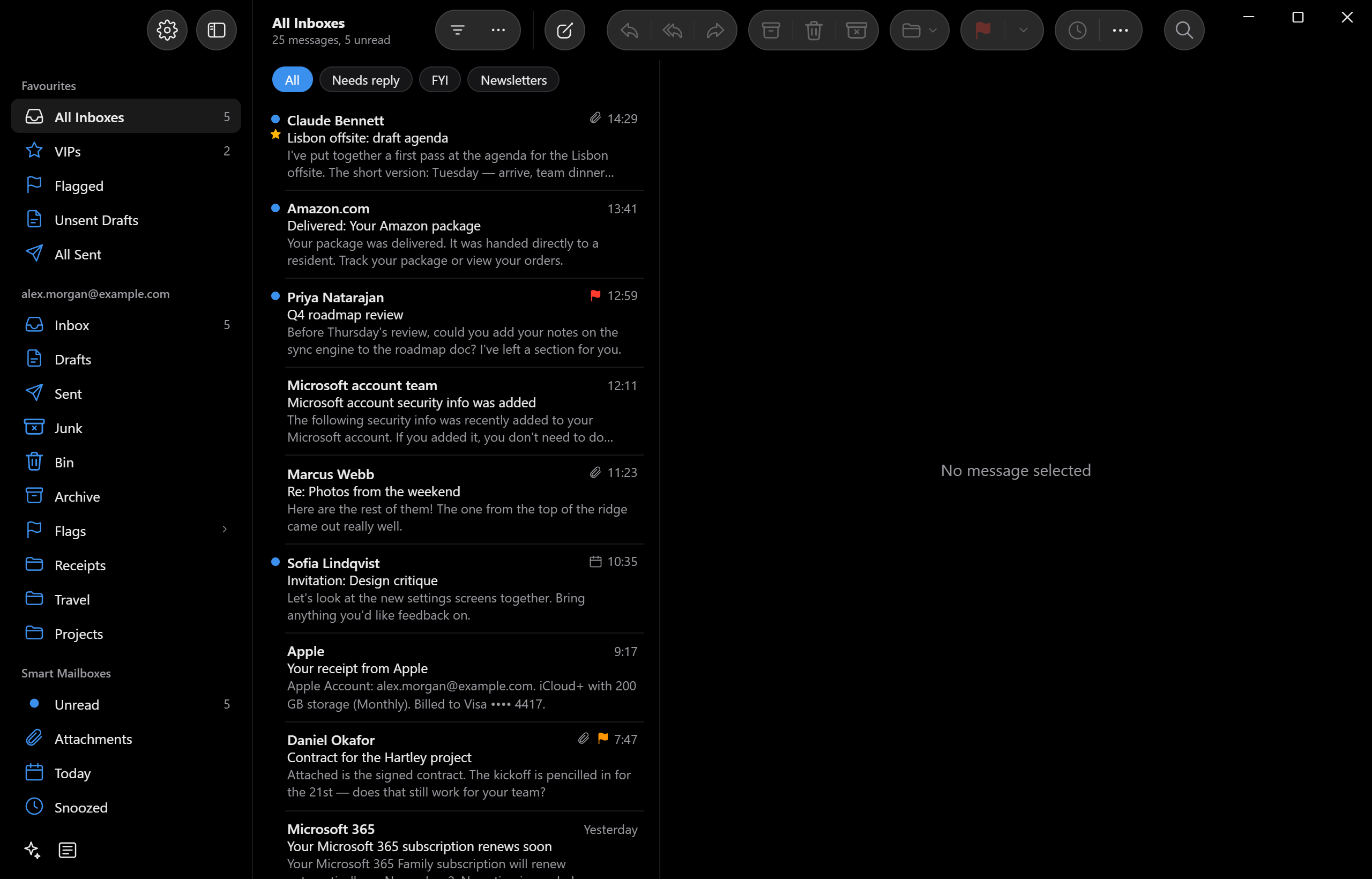 The AltMail inbox in dark mode with OLED black: the sidebar, toolbar and message list are pure black.