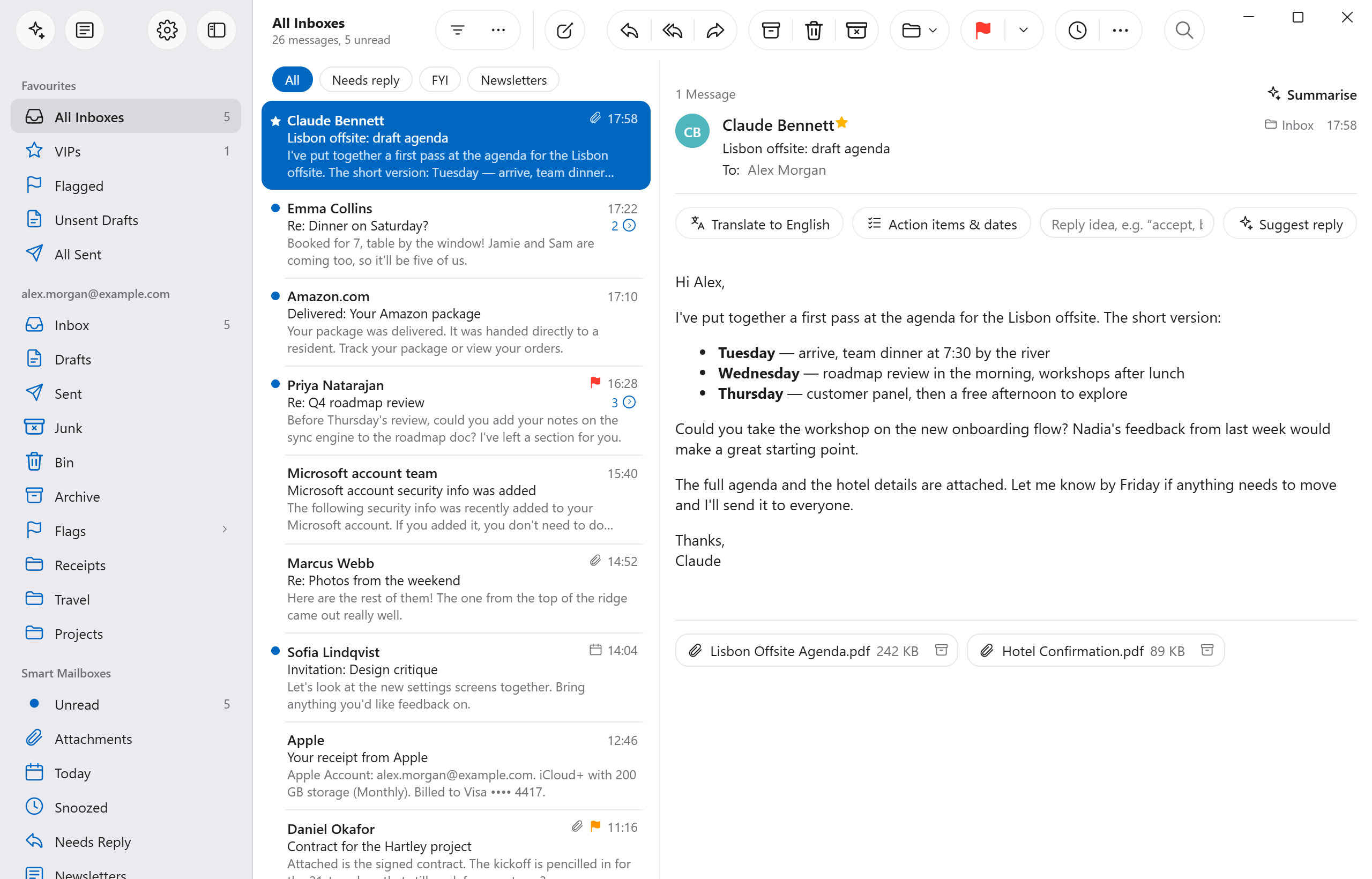 AltMail showing an inbox with a message from Claude Bennett open in the reading pane.